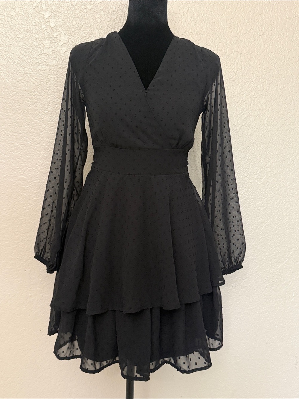 Black Long-Sleeve Tiered Chiffon Dress
